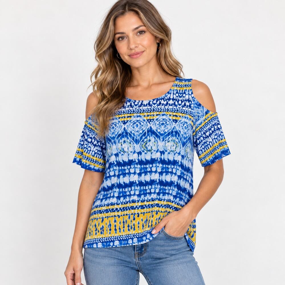Susan Graver Liquid Knit Blouse Women's Size M Blue Yellow Tie Dye Office Casual